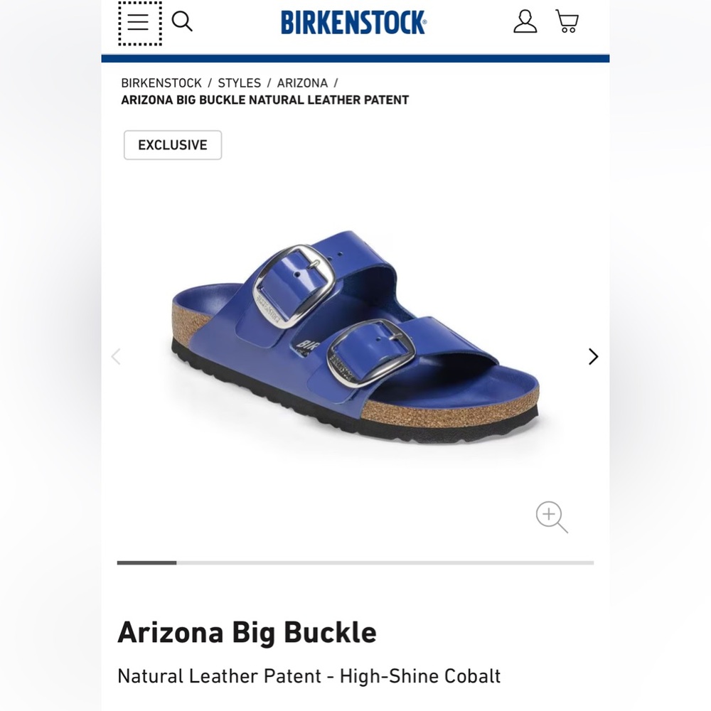 NIB Birkenstock Arizona Big Buckle Patent High Shine Cobalt Leather Narrow Sz 37